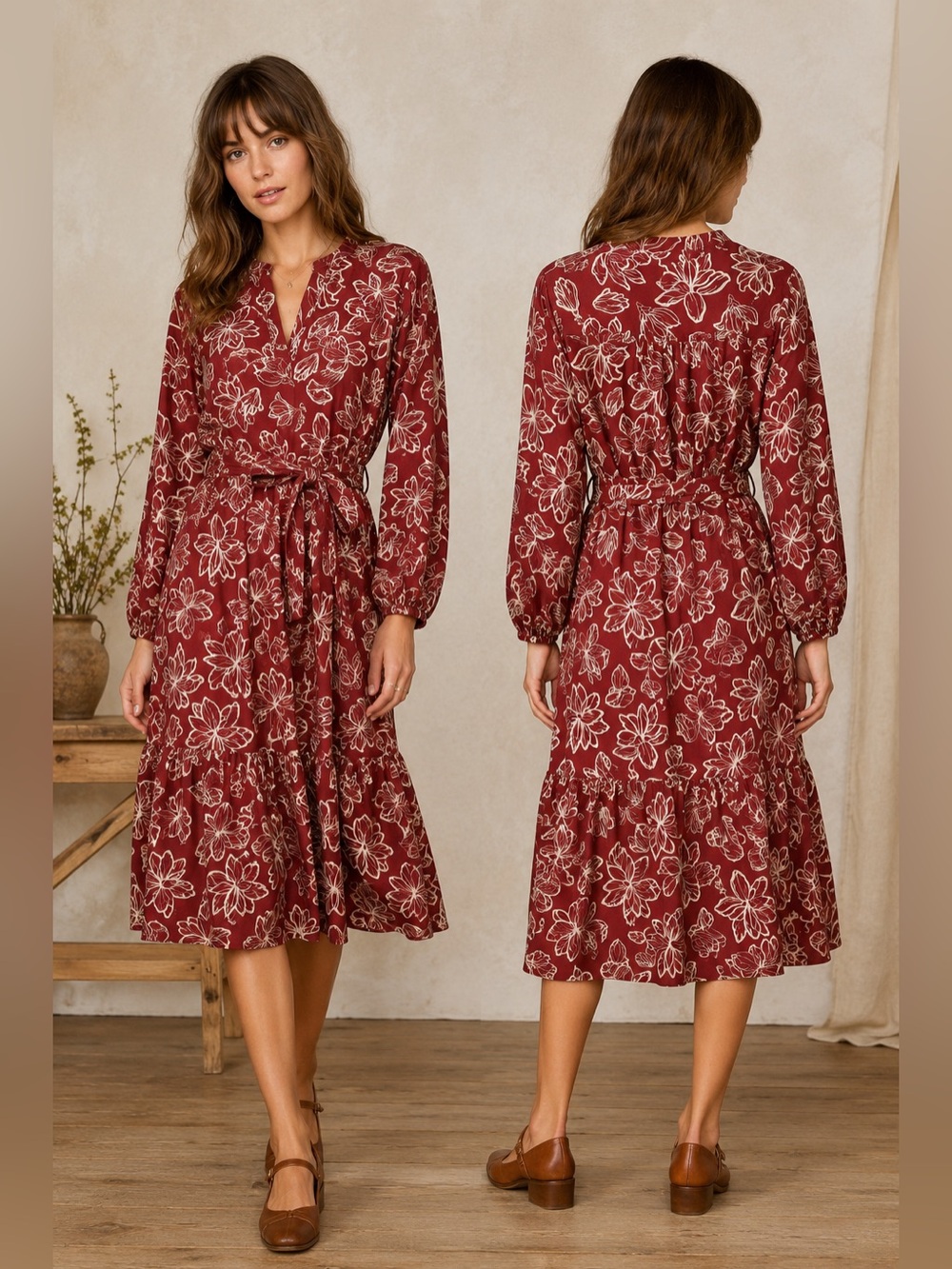 Floral Rust Red & Cream Belted Cottagecore Boho 70’s Revival Midi Dress Large